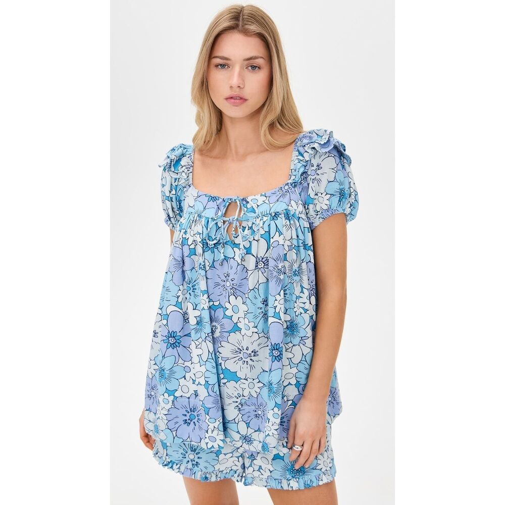 New FREE PEOPLE Maggy Mae Floral Set Top/Shorts Women's Size M Diva Blue Combo - Picture 4 of 9